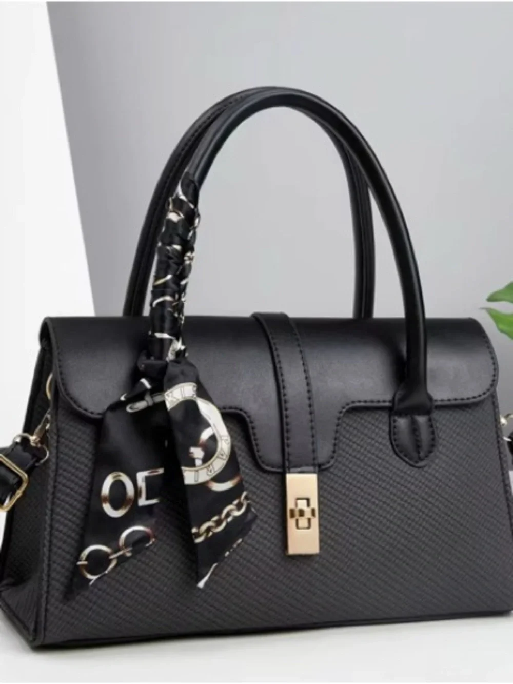 Elegant Black Structured Satchel with Scarf Accent